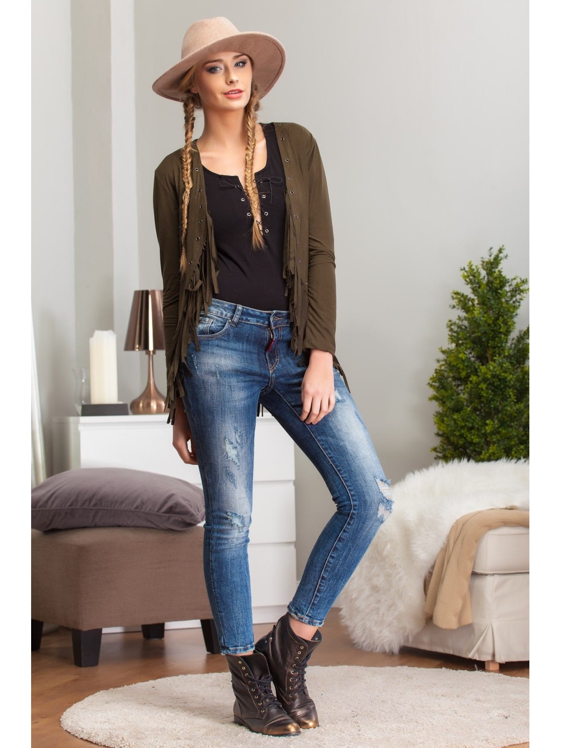 Suede blazer with khaki fringes 9782 - Online store - Boutique